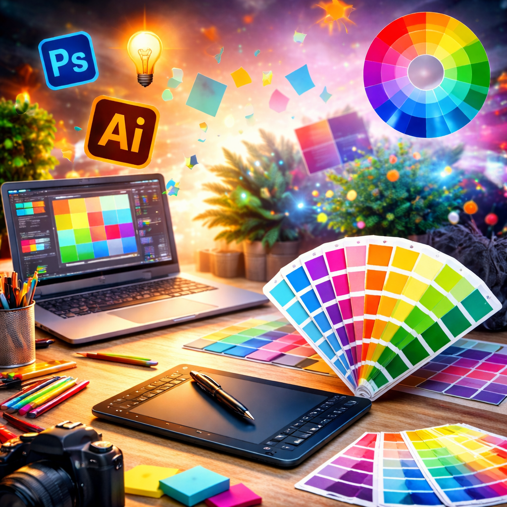 This is an Ai image of some graphic design tools like a color palette, computer, wacom tablet and more.