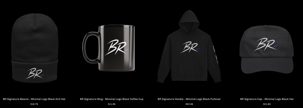 Black minimal streetwear collection featuring BR logo beanie, mug, hoodie, and cap